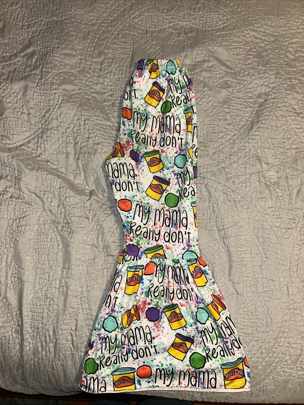 Kids “My Mama Really Don’t PlayDoh”Printed Bell Bottoms-Multicolor